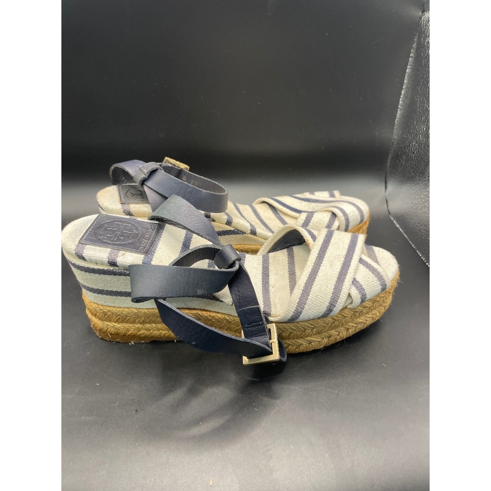 Tory Burch Striped Canvas Espadrille Wedge Sandals Navy White Leather 6B Spain